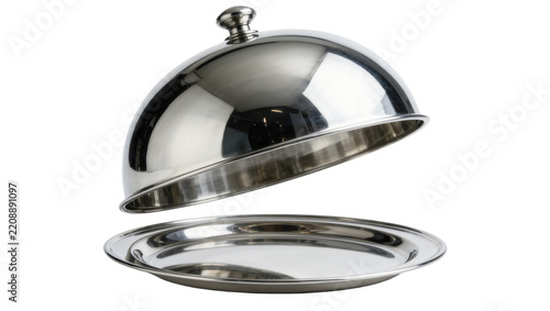 Polished silver cloche lid lifted above matching serving platter, isolated on transparent background