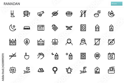 Ramadan icon set. Vector illustration set of islamic holy month, mosque and traditional celebration
