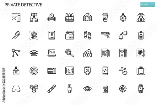 Private Detective icon set. Vector illustration set of investigation, clues and mystery solving