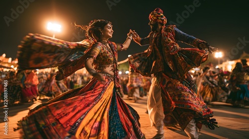 Couple performing traditional garba dance in colorful ethnic attire during navratri festival celebration at night