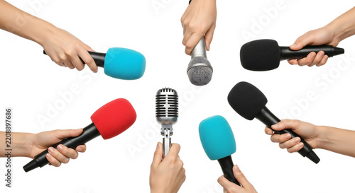 Multiple hands holding various colorful microphones for broadcasting and interviews on transparent background