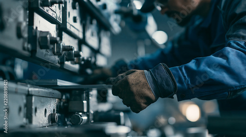 Metal sheet bending machine and factory worker showcasing precision metal fabrication, press brake operation and sheet metal forming, representing industrial manufacturing and heavy technology
