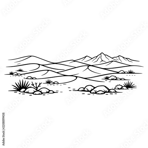 Texas desert landscape black and white illustration line art minimalist doodle style