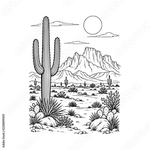 Texas desert black and white illustration line art minimalist doodle style