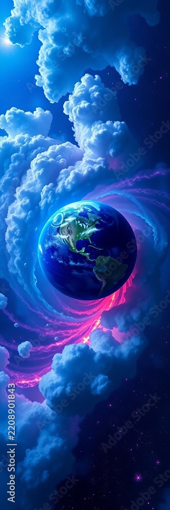 Obraz premium Cosmic clouds swirl around a vibrant blue planet amidst a kaleidoscope of stars, ||galaxy, scene
