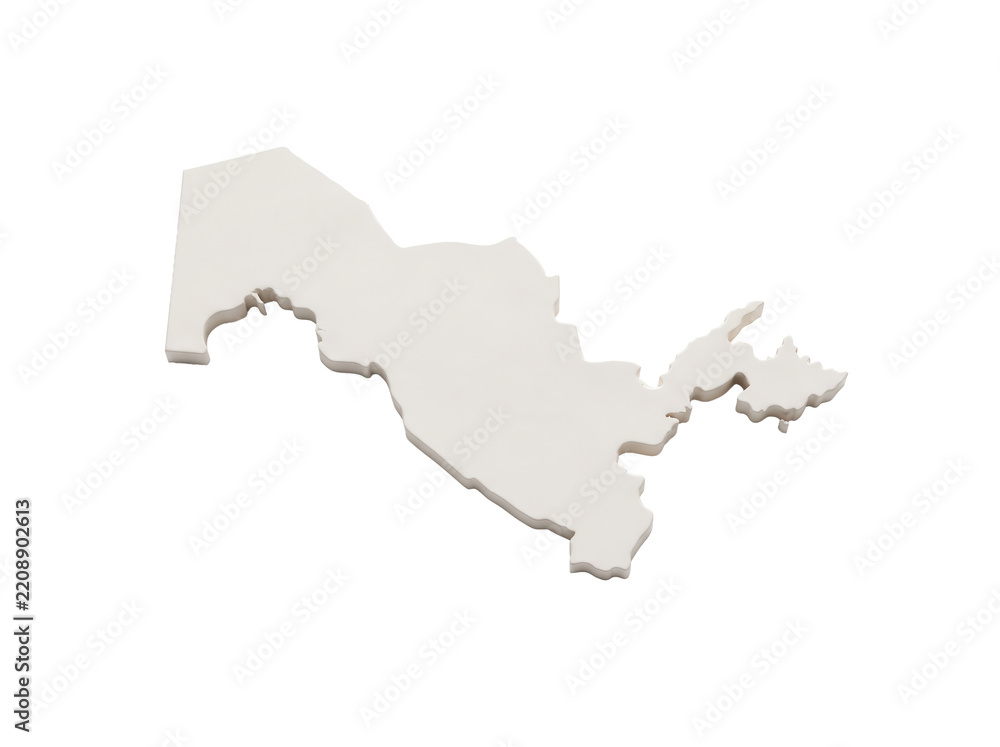 Obraz premium Uzbekistan map 3D clay render with white matte finish, capturing minimalist Central Asia geography for travel promotion, logistics infographics and international business reporting.