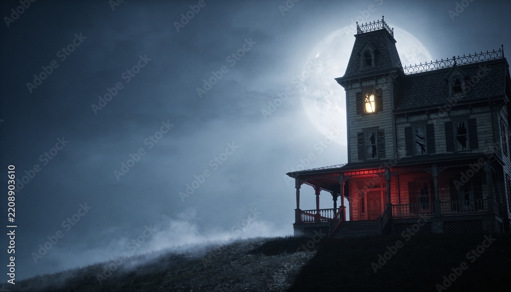 Fototapeta premium Sitting Victorian house beneath full moon on hill, upper window silhouette, red light, copy space