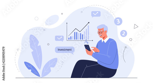 Senior man using smartphone for financial investment analysis, with charts and growth indicators.