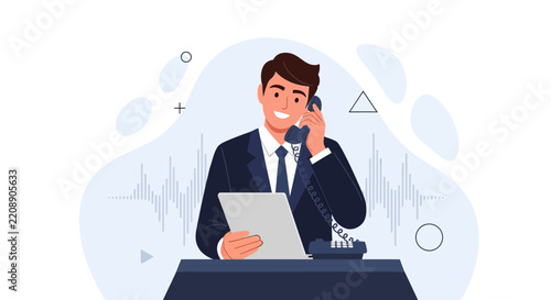 Smiling businessman in suit talking on vintage phone and holding tablet, modern flat vector illustration with abstract background