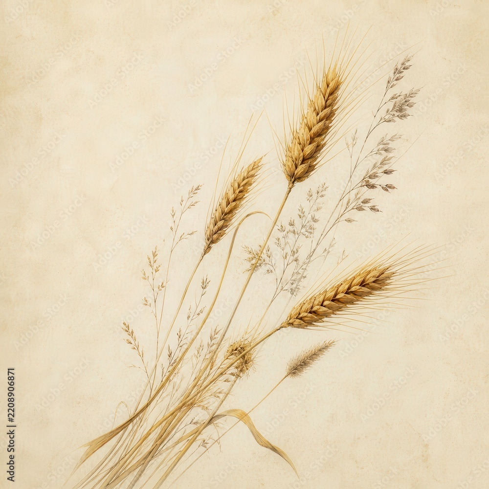 Obraz premium Elegant golden wheat stalks on soft beige textured background