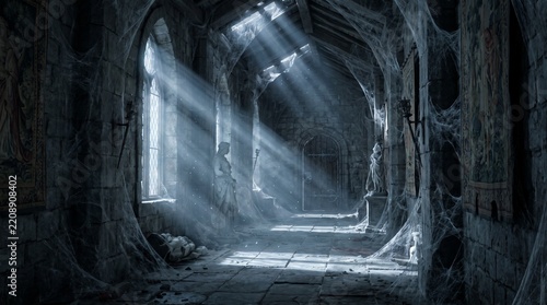 Spooky Haunted Castle Hallway with Cobwebs and Dramatic Light