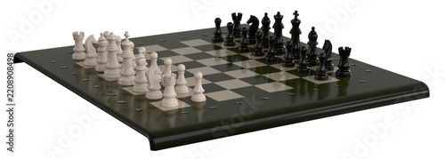 Chess pieces on the board in the starting position. Isolated. Transparent background. 3D Rendering.	