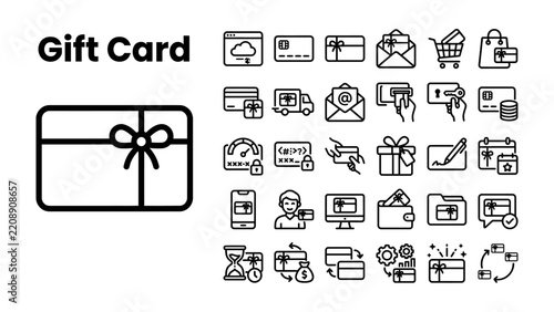 Gift Card Icons: A collection of black and white line icons representing various aspects of gift cards, including purchasing, delivery, and usage.
