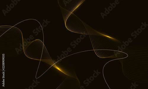 Futuristic gold flowing lines on black background. Luxury background with neon effect for digital high-tech, business presentation. Wallpaper, backdrop and template.