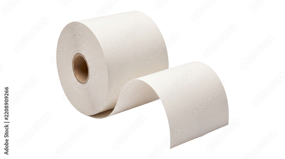 Fototapeta premium White thermal paper roll for receipt printer, blank adhesive sticker label roll, commercial packaging and printing supplies material isolated PNG with Transparent Background