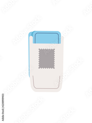 Cute postage stamp punch with blue paper, simple stationery tool isolated on white background.