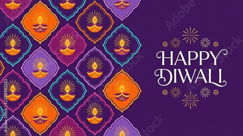 Decorative background with glowing oil lamps and traditional patterns for a festive happy diwali celebration greeting
