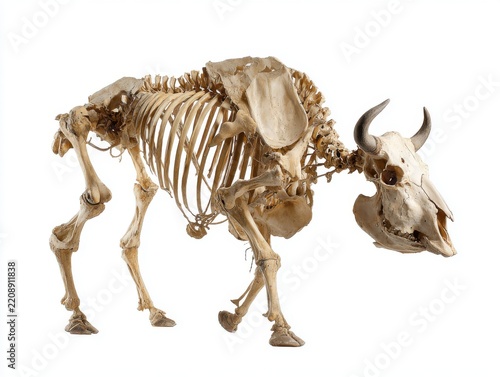 Complete Anatomical Skeleton Of A Large Bovine Bull Isolated On Plain White Background