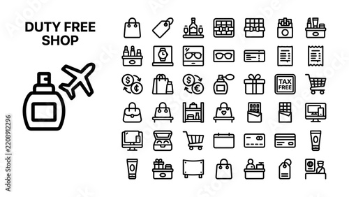 Duty Free Shop Icons: A collection of line art icons represents various products and services typically found in a duty-free shop, including perfume, airplane, shopping bags, and tax-free labels.