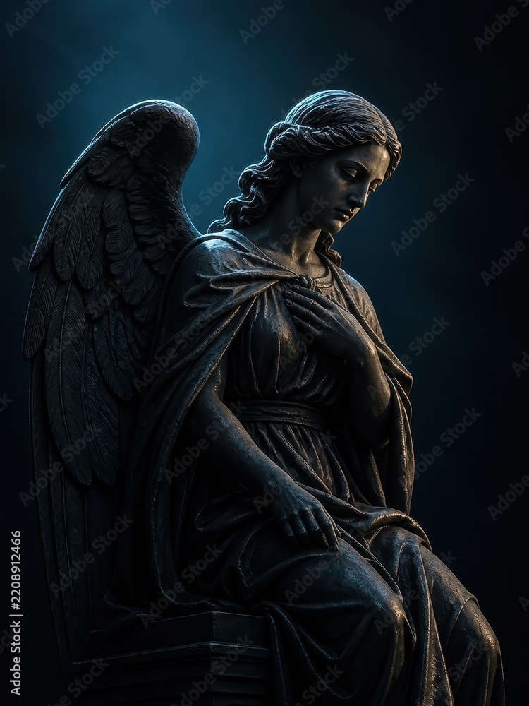 Obraz premium Dark angel statue with dramatic moody lighting