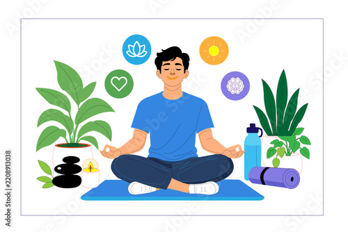Premium modern clean cartoon vector illustration of a calm person practicing mindfulness surrounded by plants