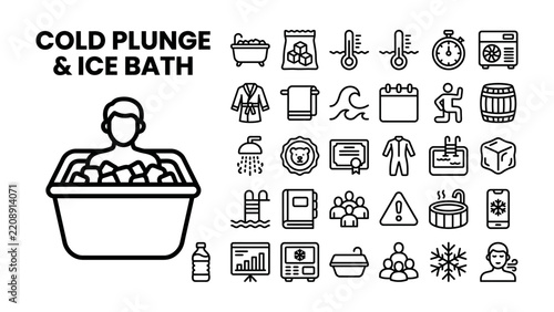 Cold Plunge and Ice Bath Icons: A collection of vector icons illustrating the process and benefits of cold plunges and ice baths, including a person in a tub with ice, bath accessories.