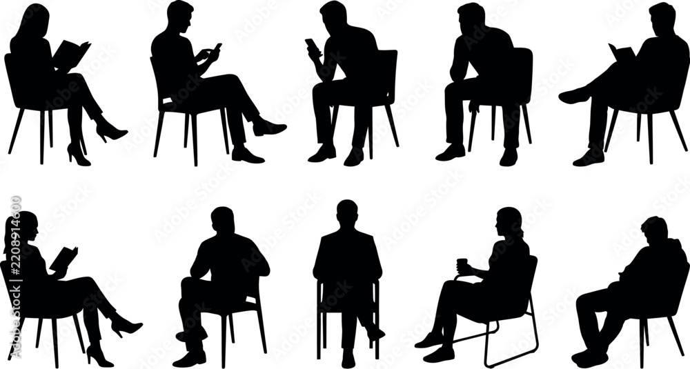 Fototapeta premium Set of silhouettes of people sitting on chairs reading books and using mobile phones