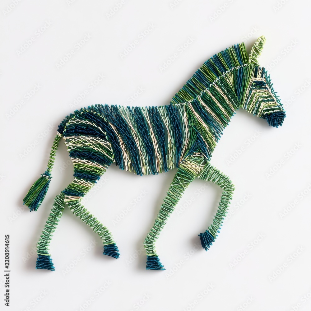 Obraz premium Decorative Green And Blue Beaded Zebra Figurine On A Minimalist White Background Studio Shot
