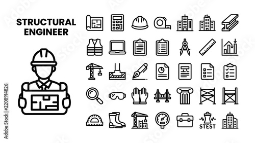 Structural Engineer Icon Set: A comprehensive collection of line art icons representing the tools, equipment, and concepts associated with structural engineering, including blueprints, calculators.