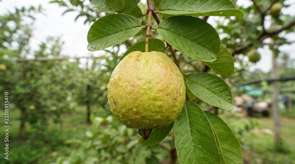 Fototapeta premium Fresh guava fruit hanging on a tree branch in an orchard