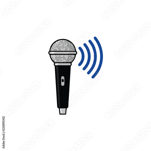 Handheld Microphone Icon with Blue Sound Waves for Podcast Broadcasting and Audio Recording Concept