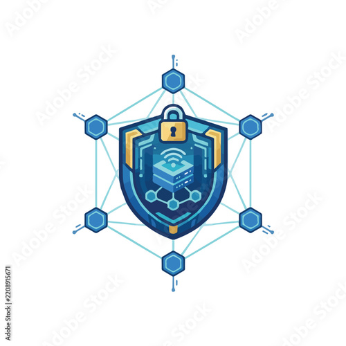 Cyber Security and Data Protection Concept with Blue Shield Padlock and Network Infrastructure Icon