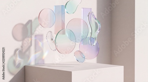 Floating iridescent glass geometric shapes casting colorful shadows on a neutral podium