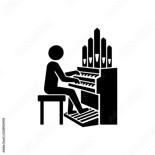 Pictogram icon of a man sitting and playing a pipe organ, representing a classical keyboard instrument performer.