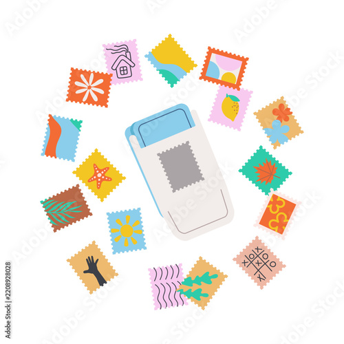 Colorful postage stamp collection with decorative illustrations and stamp punch, isolated on white background.