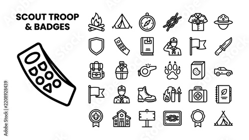Scout Troop and Badges Icon Set: A collection of line art icons representing scout troop activities, equipment, and achievement badges, including a campfire, tent, compass, backpack, and merit badges.