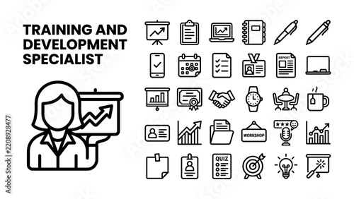 Training and Development Specialist Icons: A collection of flat vector icons representing various aspects of training, development, and specialist roles in a business context, including presentations.