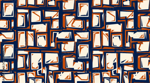 Seamless pattern of abstract navy and orange geometric blocks