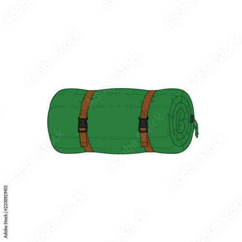 Green rolled up sleeping bag for camping and outdoor hiking adventures isolated on white background