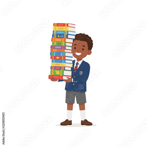 Smiling African American Schoolboy Carrying a Tall Stack of Colorful Books for Education Concept