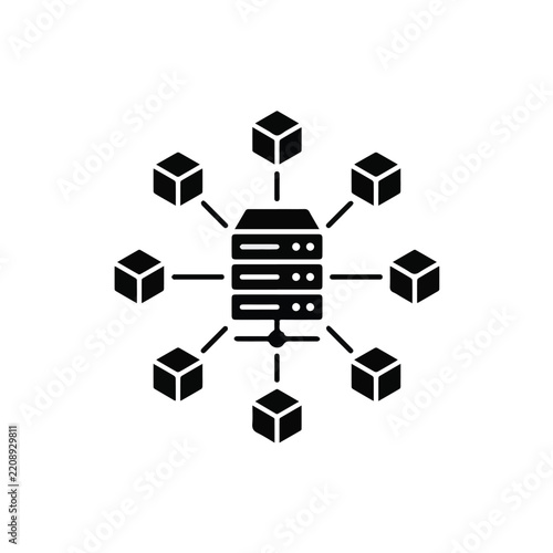 Decentralized Database Network Icon with Central Server Rack and Connected Data Blocks for Blockchain