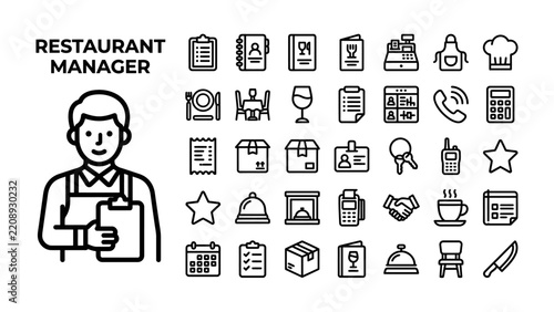 Restaurant Manager Icons: A collection of vector icons representing a restaurant manager and various tools and responsibilities associated with their role, presented in a clean, modern line art style.