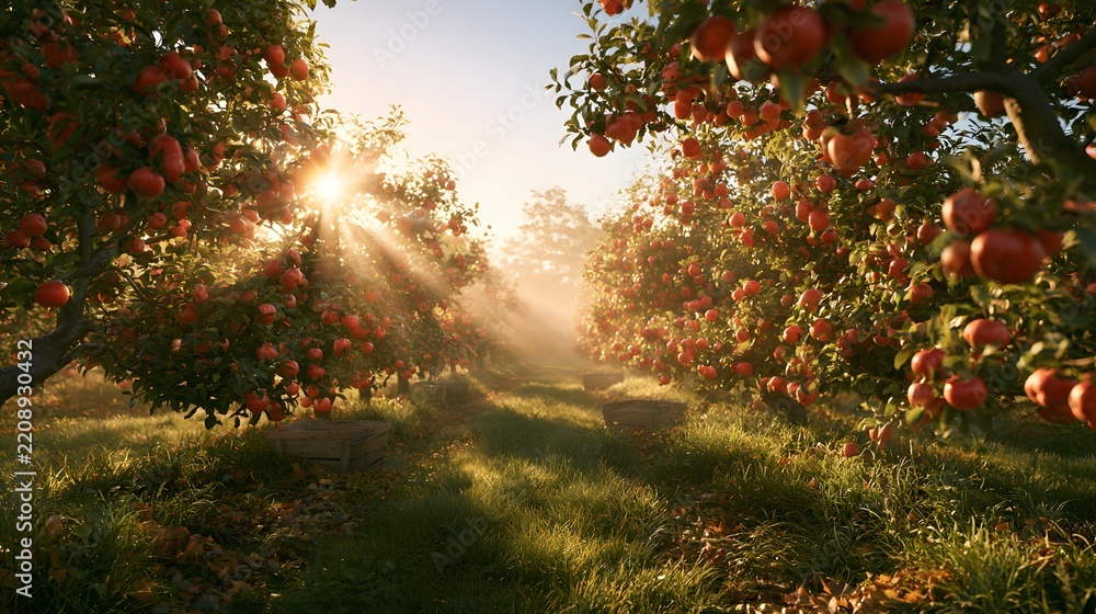 Fototapeta premium Beautiful apple orchard at sunrise with wooden harvest crates in misty rows