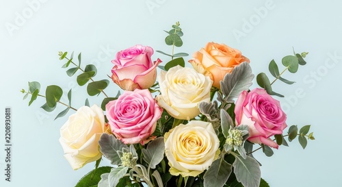 A stunning display of bright roses mixed with gentle foliage in pastel tones, creating a peaceful and organic atmosphere for home decor, greenery, bright, florist
