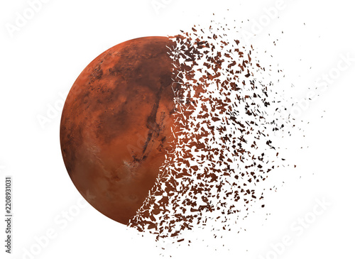 Mars with its surface beginning to shatter into numerous fragments against a transparent background	