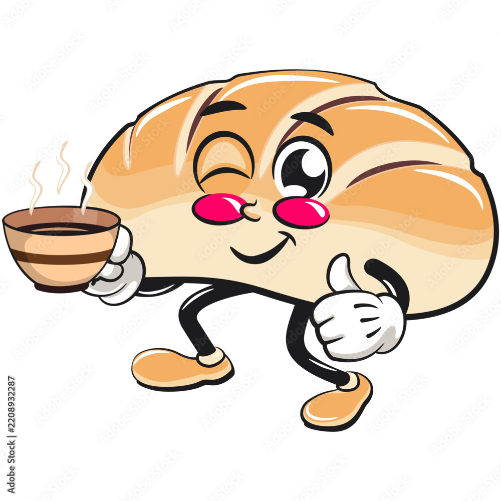 Obraz premium Cute Bread Bun Cartoon Character Vector Illustration Isolated with a cup of coffee or tea while giving a thumbs up, work of hand drawn