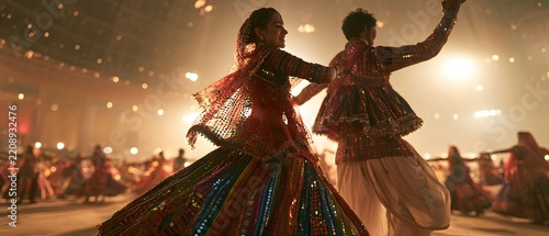 Couple in traditional indian ethnic wear dancing garba at a night festival