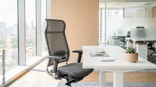 Ergonomic grey mesh office chair standing beside white desk with keyboard mouse and succulent plant inside bright modern corporate workspace interior