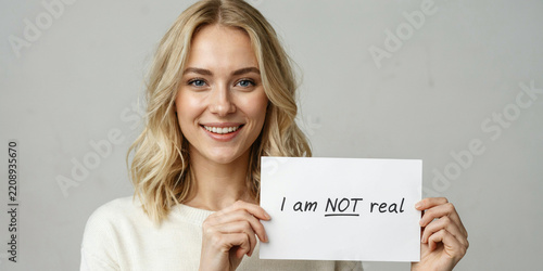 A young woman with blonde hair holds a sign that says I am NOT real and smiles at the camera
