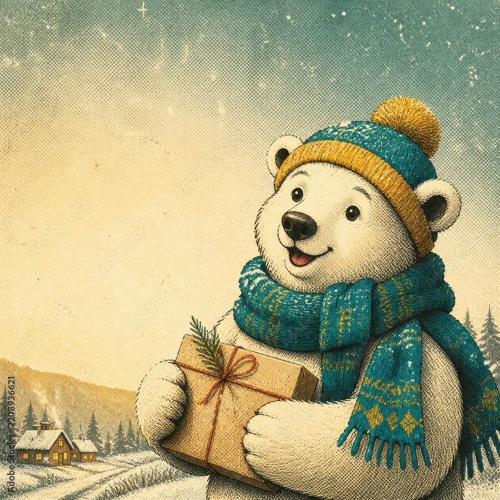 Obraz premium Winter teddy bear holding gift in cozy snowy landscape